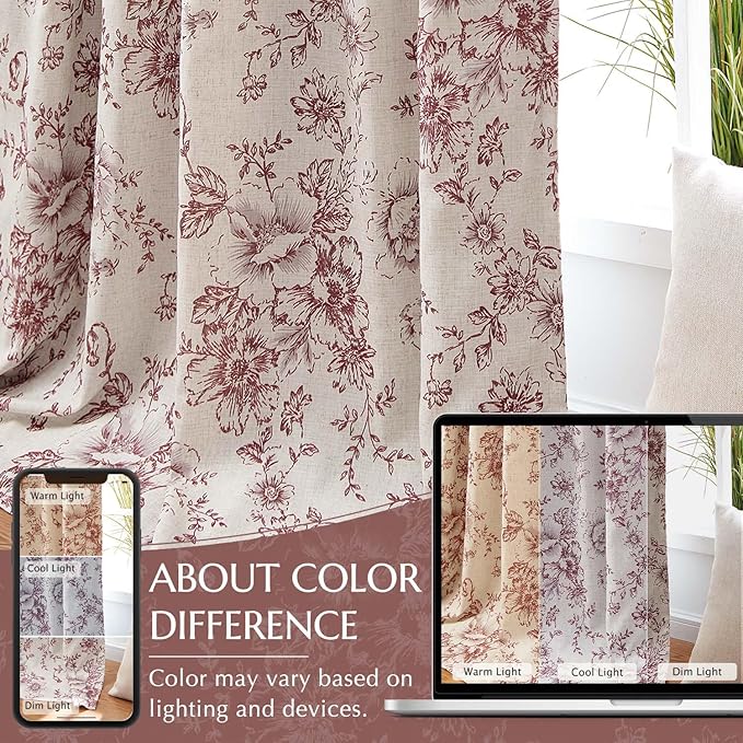 jinchan Blackout Floral Curtains for Living Room Bedroom Linen Blend Curtain Farmhouse Brick Red Printed with Lined Back Tab Rod Pocket Drapes Window Treatments 2 Panels 90 Inch