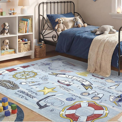 OPPODREAM Nautical Soft Area Rugs 5x7, Washable Blue Rug with Non Slip Backing, 5 x 7 Faux Cashmere Low-Pile 5x7 Carpet