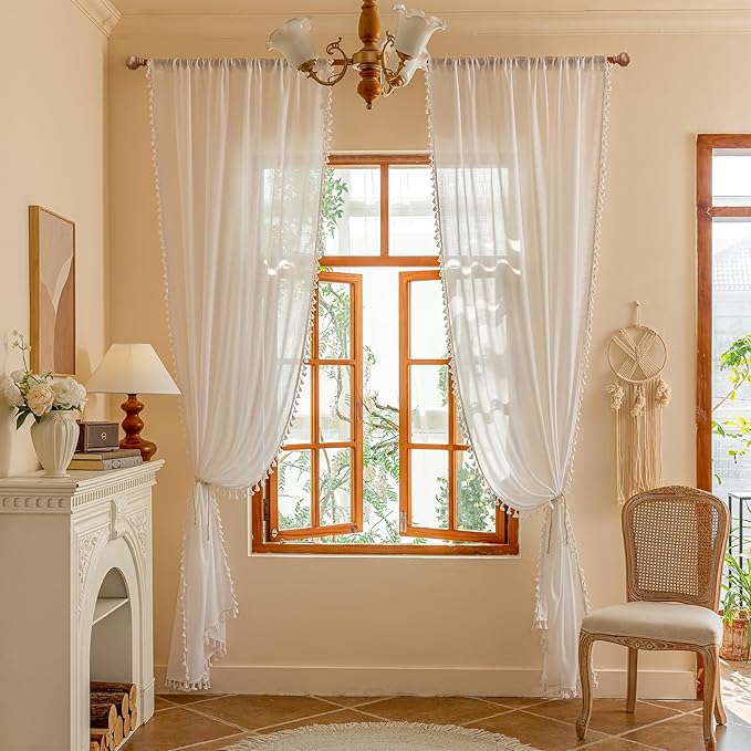 MYSKY HOME 72 Inches Long Semi Boho Sheer White Door Curtains for Closet Doorways,Light Filtering Back Tab Macrame Privacy Protect Farmhouse Drapes for Dining Room, 50" x 72",Pure White, 2 Panels