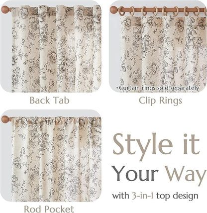 jinchan Floral Curtains for Living Room 84 Inch Length Farmhouse Printed Curtain Rod Pocket Back Tab Black Peony Flower Patterned Drapes Bedroom Window Curtains Set 2 Panels 25% Linen 75% Polyester