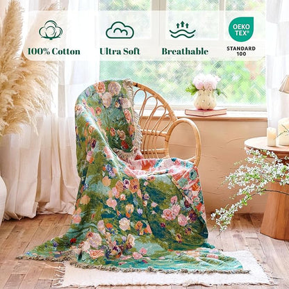 MSGKV Boho Throw Blanket for Bed Cotton Floral Twin Size Couch Blanket 60"x80" Muslin Spring Breathable Lightweight Farmhouse Blankets All Seasons