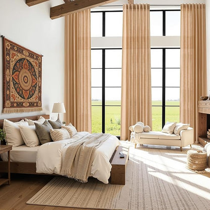Nanspring Camel Linen Curtains for Living Room Extra Long 132 Inches Long Back Tab Light Filtering Semi Sheer Curtain Vintage Rustic Decor Floor to Ceiling High Window for Bedroom 52x132, 2 Panels