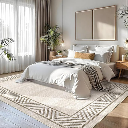 GarveeHome Bordered Bedroom Rugs 5x7 Ultra-Soft Indoor Carpet, Non-Slip Modern Geometric Living Room Rug, Stain-Resistant Neutral Accent Floor Cover for Dining Room, Nursery, Office, Beige