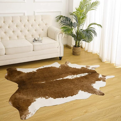 AROGAN Premium Faux Cowhide Rug 6.2 x 5.2 Feet, Sturdy and Large Size Cow Print Rugs, Suitable for Bedroom Living Room Western Decor, Faux Fur Animal Cow Hide Carpet, Brown