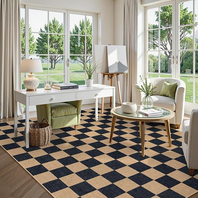 Lahome Colette Checkered Easy Jute 8x10 Rug, Washable Rugs for Living Room Office, Farmhouse Neutral Non Slip Non Shedding Stain Resistance Indoor Outdoor Carpet for Balcony Patio Classroom