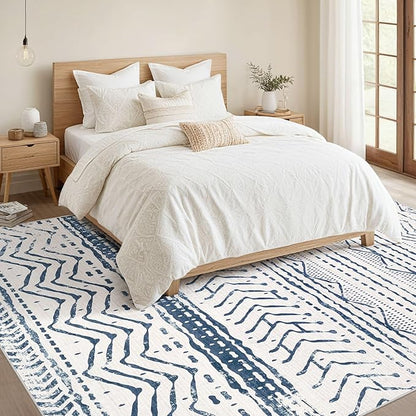 Nakagishi 5x7 Area Rug Living Room: Machine Washable Boho Large Neutral Farmhouse Stain Resistant Indoor Floor Rugs Moroccan Carpet for Bedroom Nursery Dorm Classroom Playroom Dining Room- Navy Blue