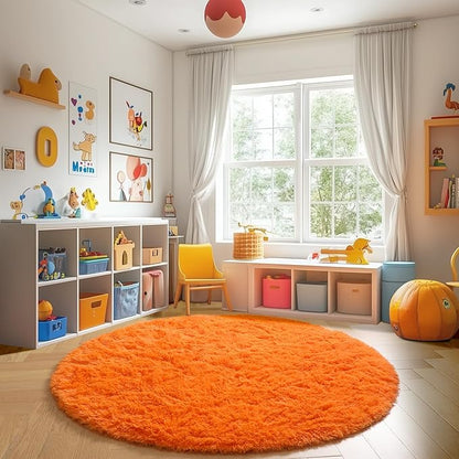 Amdrebio Orange Round Circle Rug 4Ft for Bedroom Living Room, Fluffy Fuzzy Area Rugs for Kids Room Decor Aesthetic, Cute Furry Plush Shag Carpet for Toddler Teen Girls Boys Baby Nursery Dorm Playroom