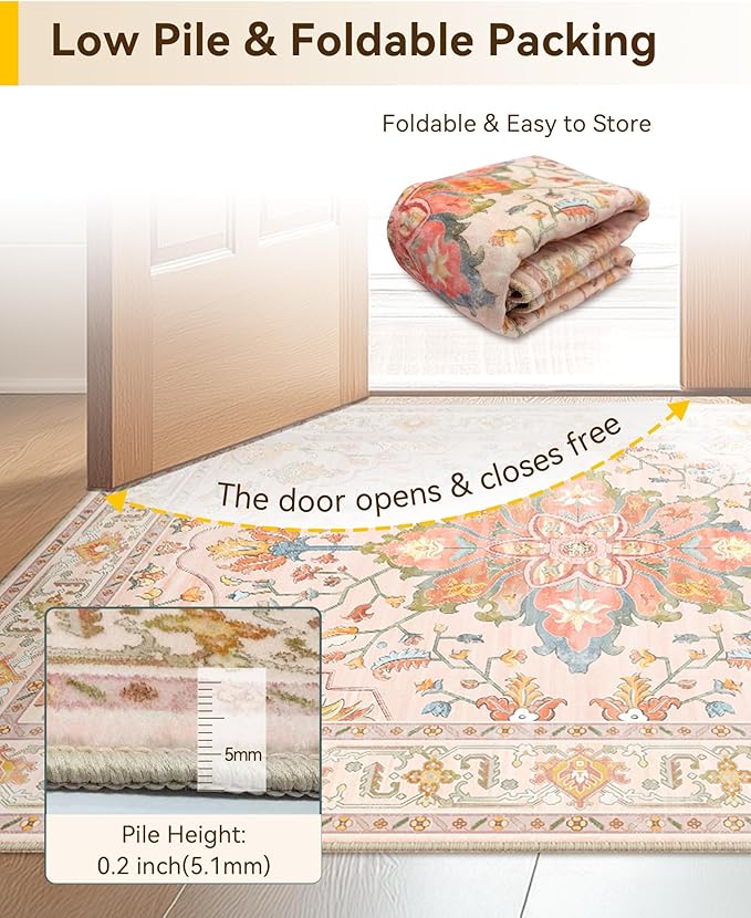 RELEANY Area Rugs 3'x4' Washable Non-Slip, Floral Vintage Distress Print Pattern Medallion Carpet for Living Room Bedroom Dining Room, Light Pink Colorful