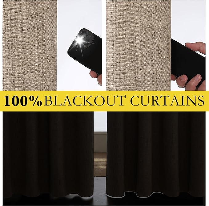 NICETOWN Burlap Vintage Open Linen Weave Flax Thermal Curtains, 100% Blackout Curtains 90" Long for Dining Room, Soundproof Window Treatment Drapes for Hall Room, 42" Wide Per Panel, Set of 2