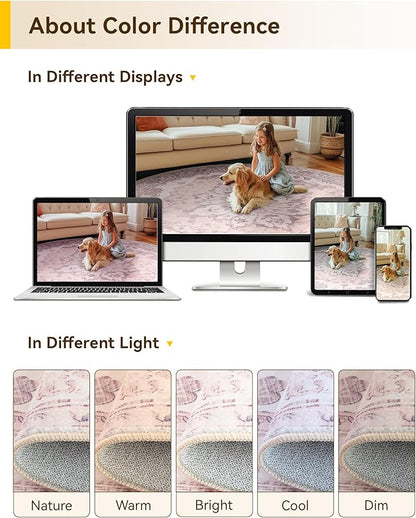 RELEANY Area Rugs 6ft Washable Non-Slip, Floral Vintage Distress Print Pattern Medallion Carpet for Living Room Bedroom Dining Room, Pink Greypink Cute
