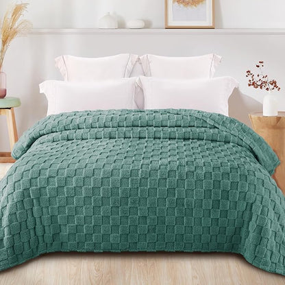 Exclusivo Mezcla Twin Size Flannel Fleece Blanket, Super Soft and Warm Lightweight Checkered Pattern Blankets for All Seasons, 60x80 Inches, Celadon