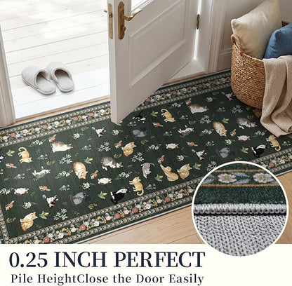 2x10 Washable Hallway Runner Rug - Soft Low Pile Floral Animal Cat Print Rugs with Non-Slip Backing Waterproof Stain-Resistant Indoor Carpet for Kitchen Entryway Bathroom Bedroom (Sage Green)