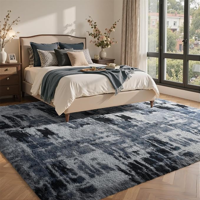 5x7 Ft Large Shag Rugs for Bedroom Living Room, Tie Dyed Ultra Soft Fluffy Furry Area Rug for Indoor Floor, Aesthetic Carpet for Home Decor (Blue)