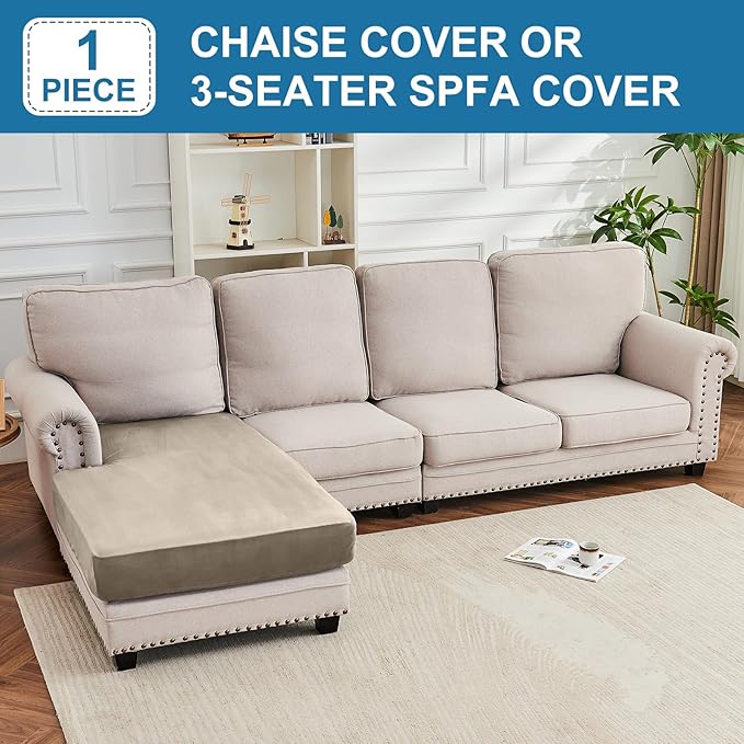 Couch Cover Velvet Chaise Cushion Cover for Sectional Sofas - Elastic L-Shaped Sofa Seat Covers Washable, Slipcover Protector (1-Piece, Taupe)