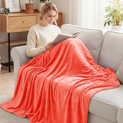 Exclusivo Mezcla Fleece Blanket Twin Size for Bed, Super Soft and Warm, All Season, Cozy, Plush, Lightweight, 90x66 Inches, Coral Orange