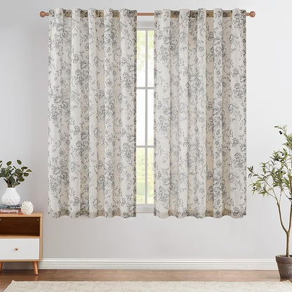jinchan Linen Blend Curtain Floral Curtains for Living Room 63 Inch Length Grey Printed Curtain Rod Pocket Back Tab Farmhouse Peony Flower Patterned Drapes Bedroom Window Curtains Set 2 Panels