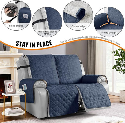 VANSOFY Waterproof Recliner Couch Covers, Sofa Covers 1-Piece Washable Reclining Sofa Cover Non-Slip Furniture Protector with Elastic Straps Pocket for Dogs, Pets(Navy Blue,2 Seater)