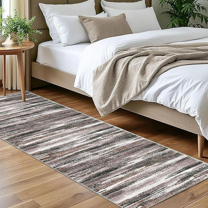 Lansny Modern Abstract Bedroom Runner Rug 2x7, Dark Light Brown White Washable Kitchen Runner, Non-Slip Soft Thin Faux Wool Mat for Entryway, Hallway, Laundry Room, Indoor Home Decor