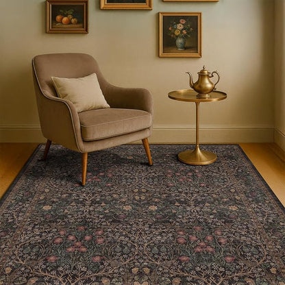Washable Dark Brown 4x6 Area Rugs for Living Room, Bedroom Bedside Rug, Kitchen, Mudroom, Home Office, Non-Slip Low Pile Ultra Soft Stain Resistant, Small Vintage Taupe Accent Botanical Floral Carpet