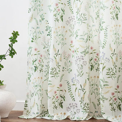 jinchan Floral Linen Blend Curtains for Living Room 63 Inch Length French Country Farmhouse Printed Curtains Sage Green on White Rod Pocket Back Tab Light Filtering Window Drapes 2 Panels
