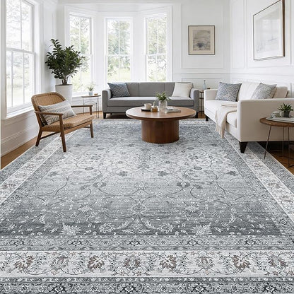 AMADA HOMEFURNISHING 9x12 Area Rugs, Washable Living Room Rug with Non-Slip Backing, Low Pile and Durable Edge Binding, Soft Vintage Floral Rugs for Living Room, Bedroom, Dining Room
