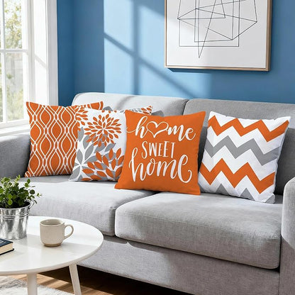 Hexagram Geometric Orange Pillow Covers 18x18 Set of 4, Decorative Outdoor Boho Modern Throw Pillow Covers, Home Sweet Home Farmhouse Cushion Case for Couch Sofa Bedroom Indoor Decor(No Insert)