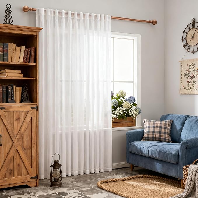 MYSKY HOME White Curtains 84 Inch Length for Living Room, Semi Sheer Window Drapes for Doorways Sliding Glass Door Cotton Blend Soft Touch Light Filtering 1 Panel, 100" Wide per Panel, White