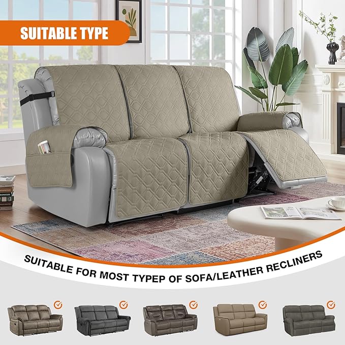 VANSOFY Waterproof Recliner Couch Covers, Sofa Covers 1-Piece Washable Reclining Sofa Cover Non-Slip Furniture Protector with Elastic Straps Pocket for Dogs, Pets(Khaki,3 Seater)