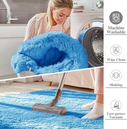 OLANLY 2x4 Machine Washable Runner Rugs for Hallway, Soft Fluffy Shaggy Bedside Rugs for Bedroom, Living Room, Indoor Floor Carpet for Kids Girls and Boys, Home Decor Aesthetic, Bright Blue