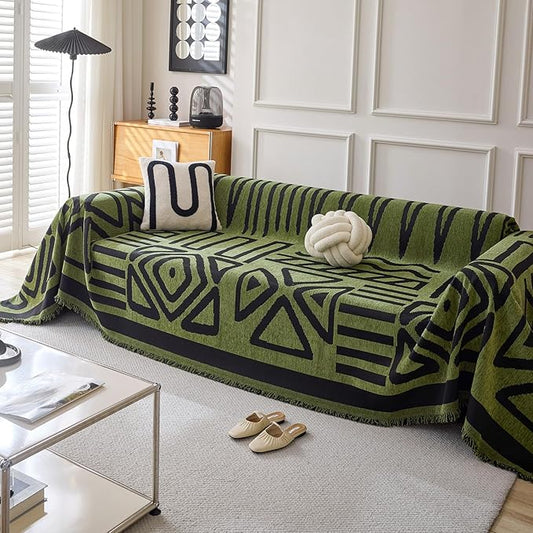 HANDONTIME Boho Geometric Couch Covers for Sofa Pet Friendly Avocado and Black Sofa Covers Washable Chenille Couch Blanket Cover for 3 4 Cushion Couches Pet Protector Furniture Cover Soft, 71" X 150"