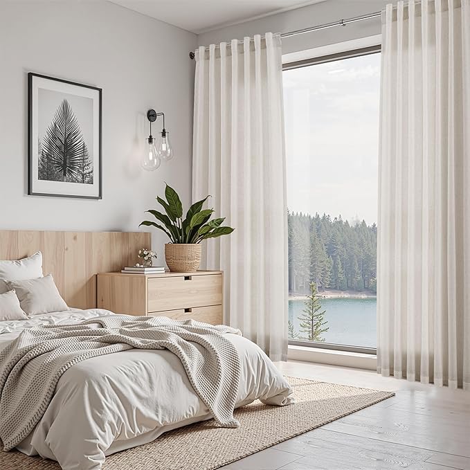 Nanspring Pearl White Linen Curtains 120 Inches Long for Living Room Light Filtering Semi Sheer Curtain Back Tab Coastal Decor Long Floor to Ceiling High Window for Bedroom Office 52x120, 2 Panels