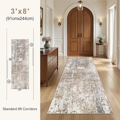 UERMEI 3X8 Washable Runner Rug for Hallway: Soft Neutral Modern Abstract Area Rug - Non-Slip Low Pile Long Throw Indoor Carpet for Kitchen Entryway Kitchen Bedroom Laundry Bathroom - Brown/Grey/Red