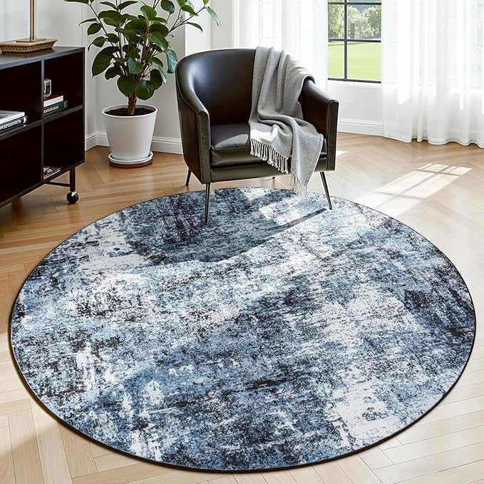 Rugflix Round Area Rugs 4Ft for Living Room, 4x4 Washable Rug Stain-Resistant Low Pile, Modern Dark Carpet for Dining Room Home Office Kid Room Nursery Bedroom, Navy Blue/Black