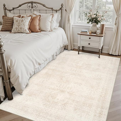 6x9 Area Rugs for Living Room: Vintage Boho Neutral Washable Rug Indoor Soft Large Area Rug Carpet for Bedroom Nursery Farmhouse Dining Room Office Floor Non-Slip Low Pile Under Table Rug Beige