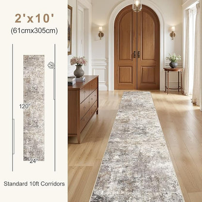 UERMEI 2X10 Washable Runner Rug for Hallway: Soft Neutral Modern Abstract Area Rug - Non-Slip Low Pile Long Throw Indoor Carpet for Kitchen Entryway Kitchen Bedroom Laundry - Brown Grey