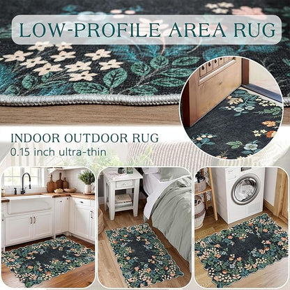 Front Door Mat Outside Entrance - 2x3 Black Floral Non-Slip Washable Doormat Indoor Outdoor Mat Boho Vintage Entry Rug Small Throw Rugs for Entryway Kitchen Front Porch Decor