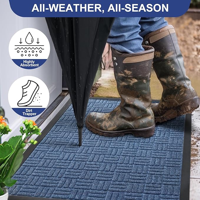 Mibao Front Door Mat, Heavy Duty Durable Welcome Mat for Outdoor Indoor, Dirt Trapper Waterproof Super Absorbent Door Mat for Entryway Outside Patio Porch, 29.5" x 17", Blue