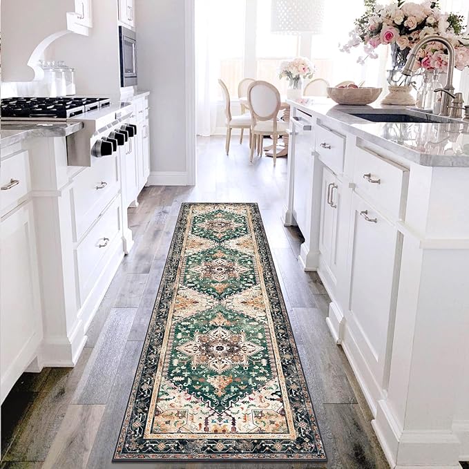 Yamaziot Washable Runner Rug, 2x8 Non-Slip Boho Vintage Hallway Rug Runner with Rubber Backing, Stain Resistant & Low Pile Faux Wool Distressed Carpet Runner for Kitchen, Laundry, Entrance, Turquoise