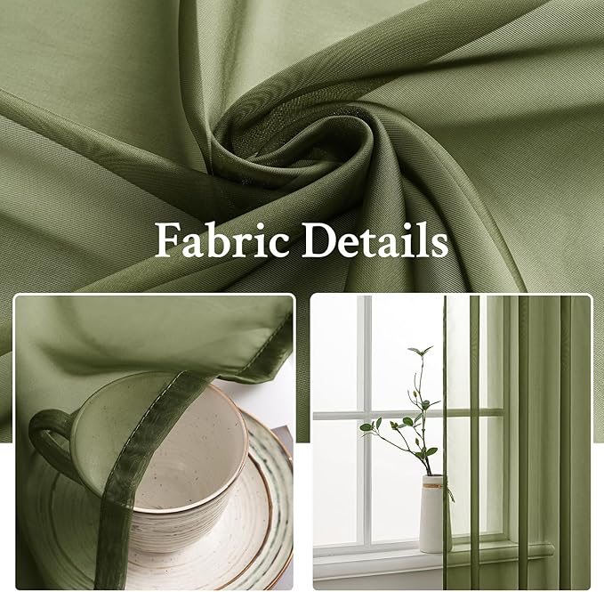 MIULEE 2 Panels Solid Color Sheer Window Curtains Elegant Window Voile Panels/Drapes/Treatment for Bedroom Living Room (54X72 Inches Olive Green)