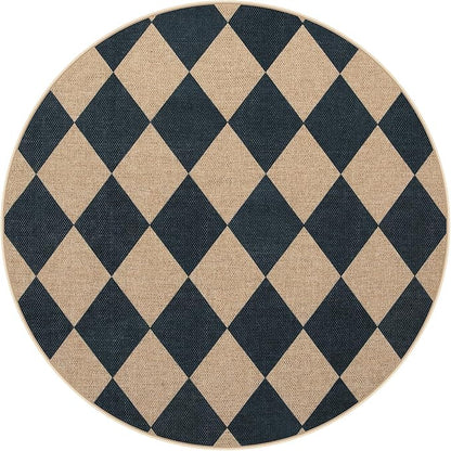 Lahome Colette Checkered Round Rug 3ft, Circle Indoor Outdoor Entryway Patio Rug Washable Easy Jute Rug, Farmhouse Non Slip Small Round Rugs for Bedroom Porch Living Room Decor