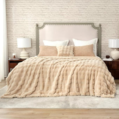 Cozy Bliss Faux Fur Throw Blanket for Couch, Bubble Plush Blanket Queen Size, Fuzzy Soft & Thick Blanket for Bed Sofa Living Room, 90x90 Inches Beige