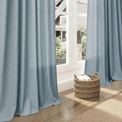 Nanspring Light Blue Linen Curtains 102 Inches Long Rod Pocket Back Tab Drapes 2 Panels Set for Living Room Bedroom Light Filtering Semi Sheer Light Blue Curtain 102 Length for Patio Door 52x102