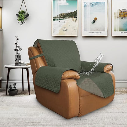 ISSUNTEX Double Protection 100% Waterproof Recliner Covers for Living Room, Reversible Furniture Protector Recliner Couch Sofa Slipcover for Dogs, Pets, Kids (Oversized Recliner, Greyish Green/Beige)