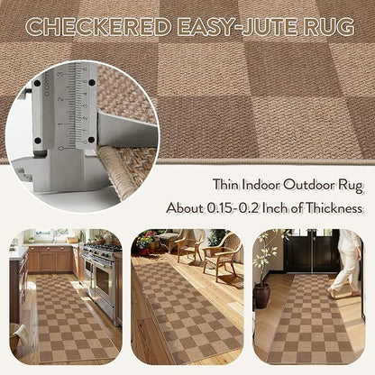 Lahome Colette Checkered Easy Jute Kitchen Runner, 2x8 Washable Indoor Outdoor Runner Rug, Checkerboard Non Slip Non Shedding Neutral Carpet for Hallway Entryway Foyer