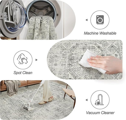 Soalmost 6x9 Area Rug for Living Room Floral Washable Non-Slip Gray Rugs for Bedroom Dinning Room Ultra-Thin Indoor Grey Rug
