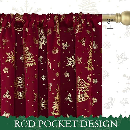 NICETOWN 2 Panels Christmas Red Curtains 52 x 84 Inch, Gold Foil Printed Rod Pocket Drapes, Xmas Theme Window Treatment for Holiday Home Decor, Set of 2 Christmas Style Curtain Panels