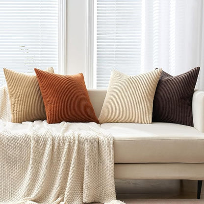 MIULEE Boho Farmhouse Throw Pillow Covers 18x18 Inch Set of 4 Rustic Mordern Neutral Cushion Covers Soft Corduroy Nordic Home Decor for Couch Bed Sofa Living Room Chocolate Brown/Rust