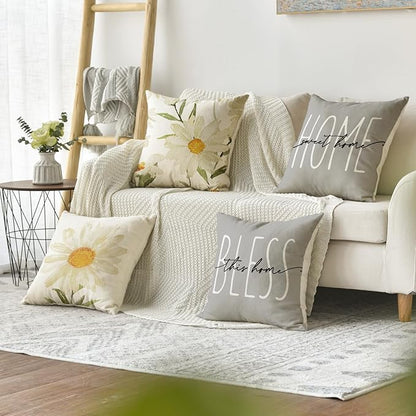 AVOIN colorlife Home Sweet Home Spring Summer Flowers Throw Pillow Covers, 20 x 20 Inch Grey Cushion Case for Sofa Couch Set of 4