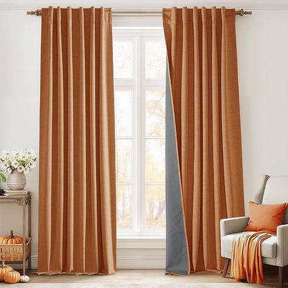 RYB HOME Burnt Orange Total Blackout Curtains Linen Texture, Rustic Fall Curtains for Bedroom/LivingRoom/Office, Thermal Insulated Boho Farmhouse HomeDecor, Luxury Privacy Drapes, W52xL90, 2 Panels