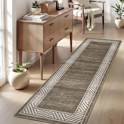 GarveeHome Washable Hallway Rug 2x6 Narrow Modern Bordered Floor Runner, Non-Shedding Contemporary Bedside Rug, Foldable Ultra-Thin Carpet Runner for Bedroom, Kitchen, Laundry Room, Brown